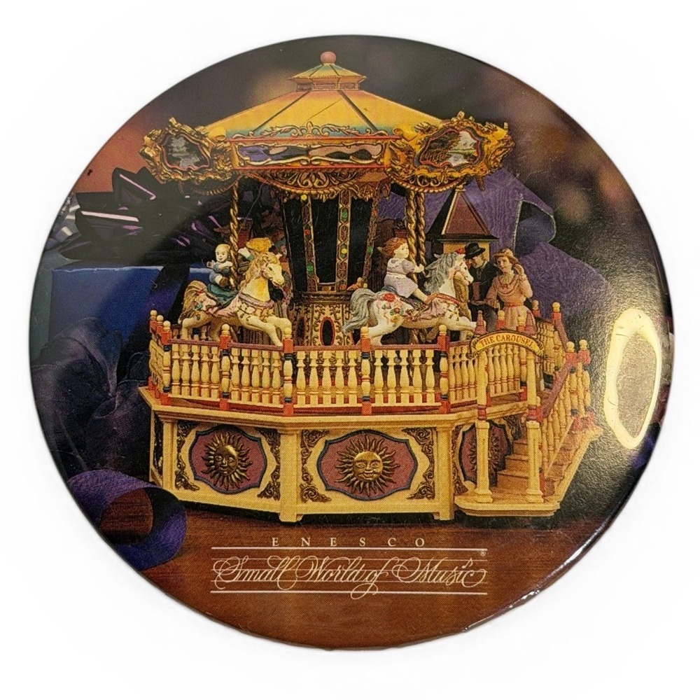 VTG‎ Enesco Pinback Button Brown Small World of Music Carousel Collectible Round